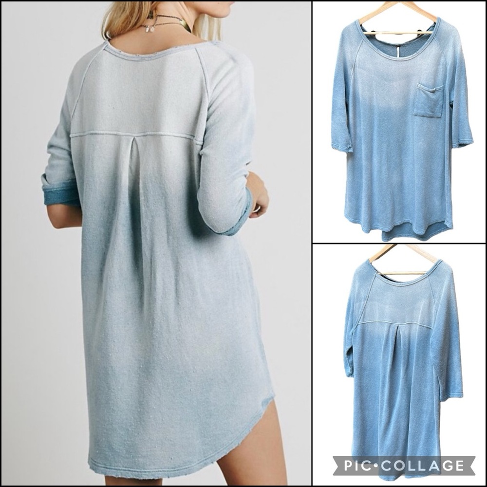 Free People Powder Blue Ombrè Fade Linen Blend Sweatshirt Mini Dress Tunic Top